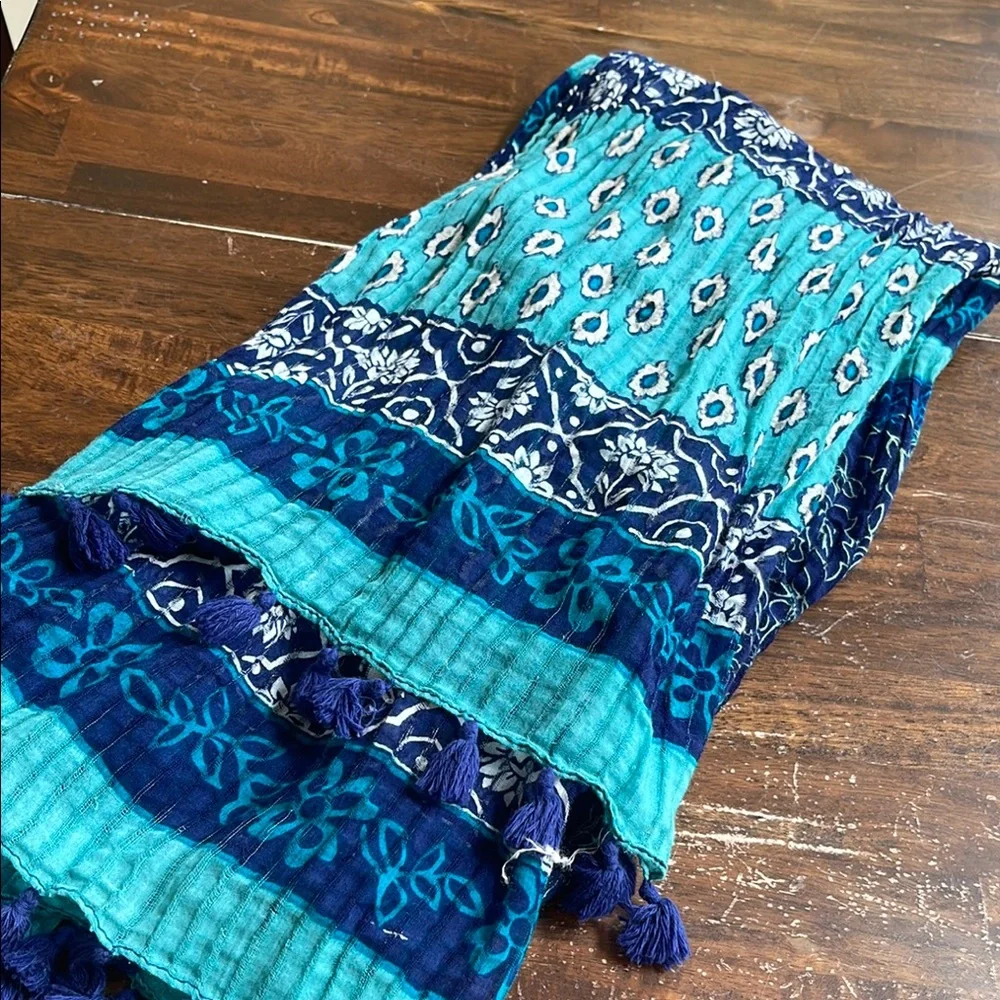 Stunning Blue & Teal Women's Patterned Fashion Scarf Wrap With Tassels One Size